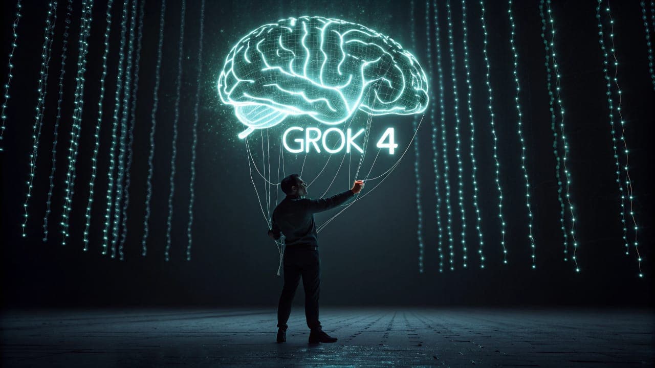 Artistic depiction of a man controlling strings connected to a luminous digital brain labeled "Grok 4," symbolizing Elon Musk's influence on the AI model's decisions.