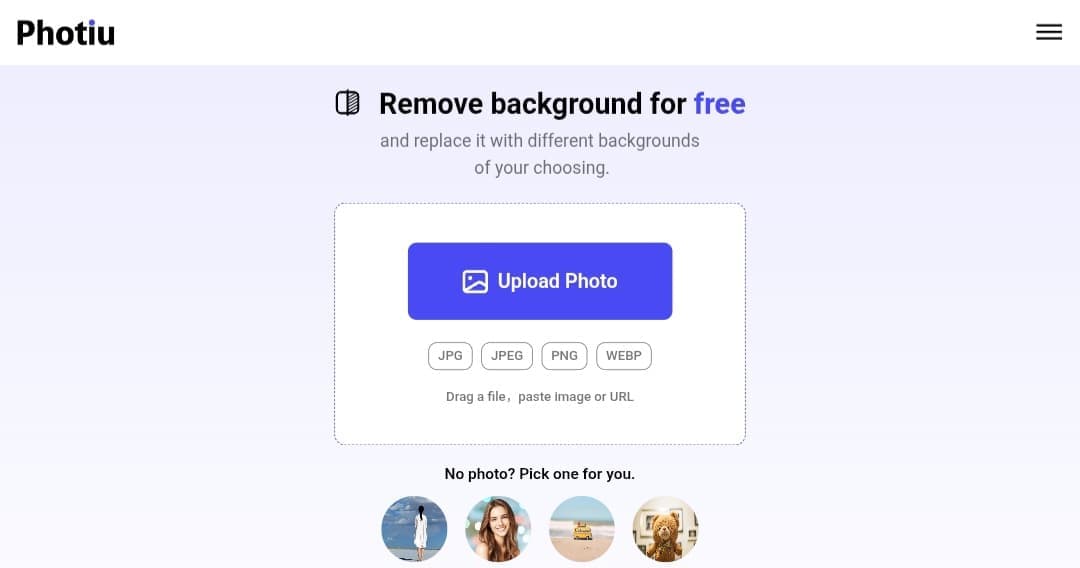 The user interface of the Photiu.ai website, showing the image background removal tool.