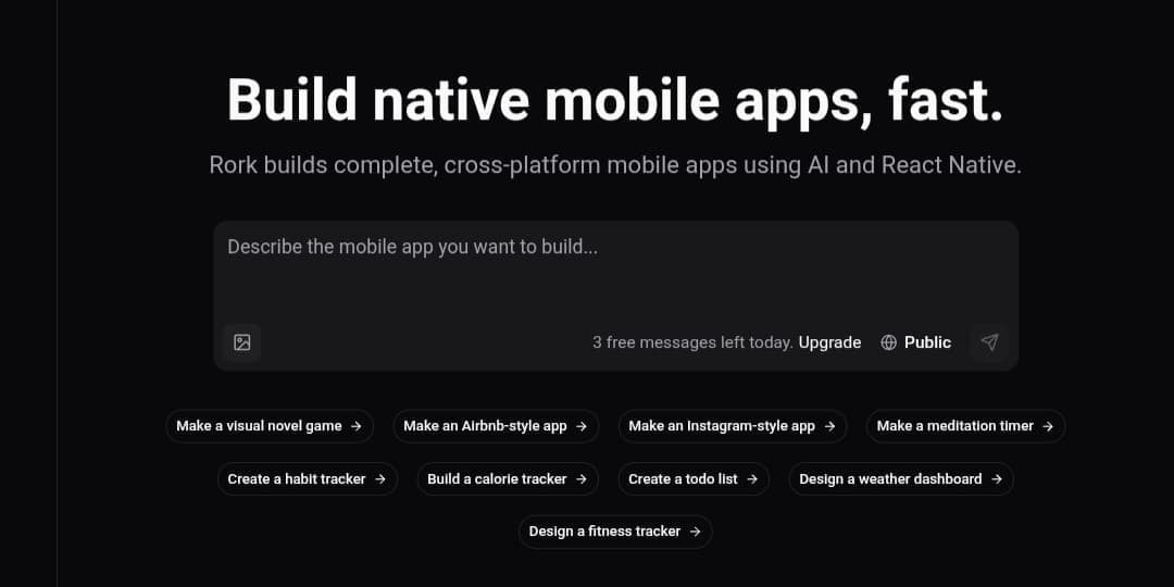 The main interface of the Rork platform for building mobile apps, showing a text prompt for describing an app idea and buttons with ready-made suggestions like fitness or Airbnb-style apps.