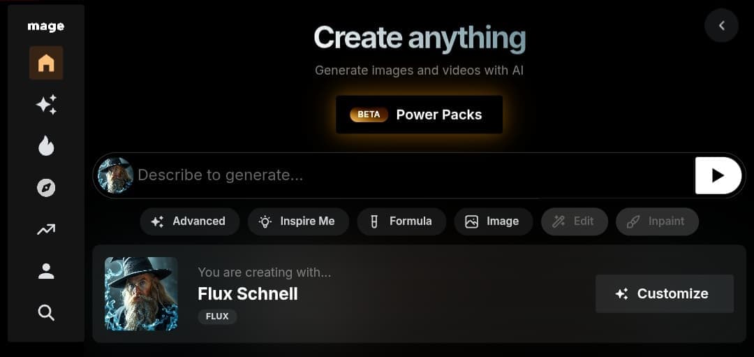 The user interface of the Mage Space platform for entering text prompts to generate AI images, showing tools like Advanced, Inspire Me, and Inpaint.