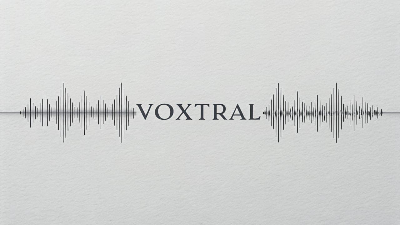 Logo for Mistral's Voxtral model, showing the model's name in a dark font centered in a soundwave graphic on a light-gray, paper-textured background.
