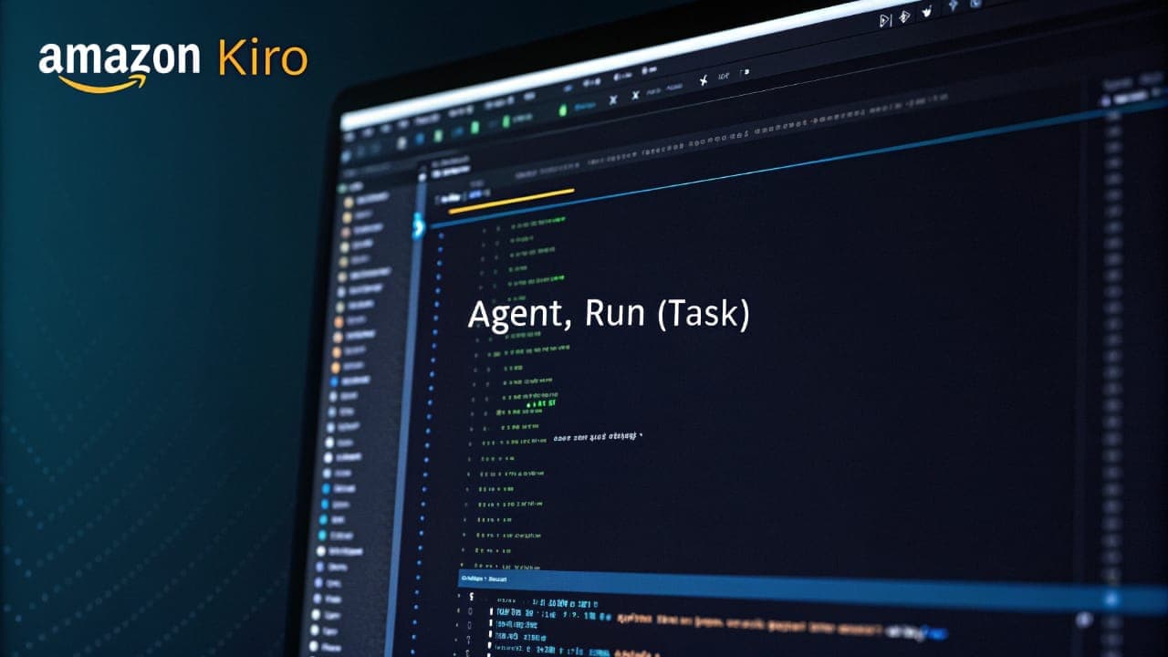A computer screen showing the Amazon Kiro interface with code in dark mode, with the command 'Agent, Run (Task)' visible in the center.