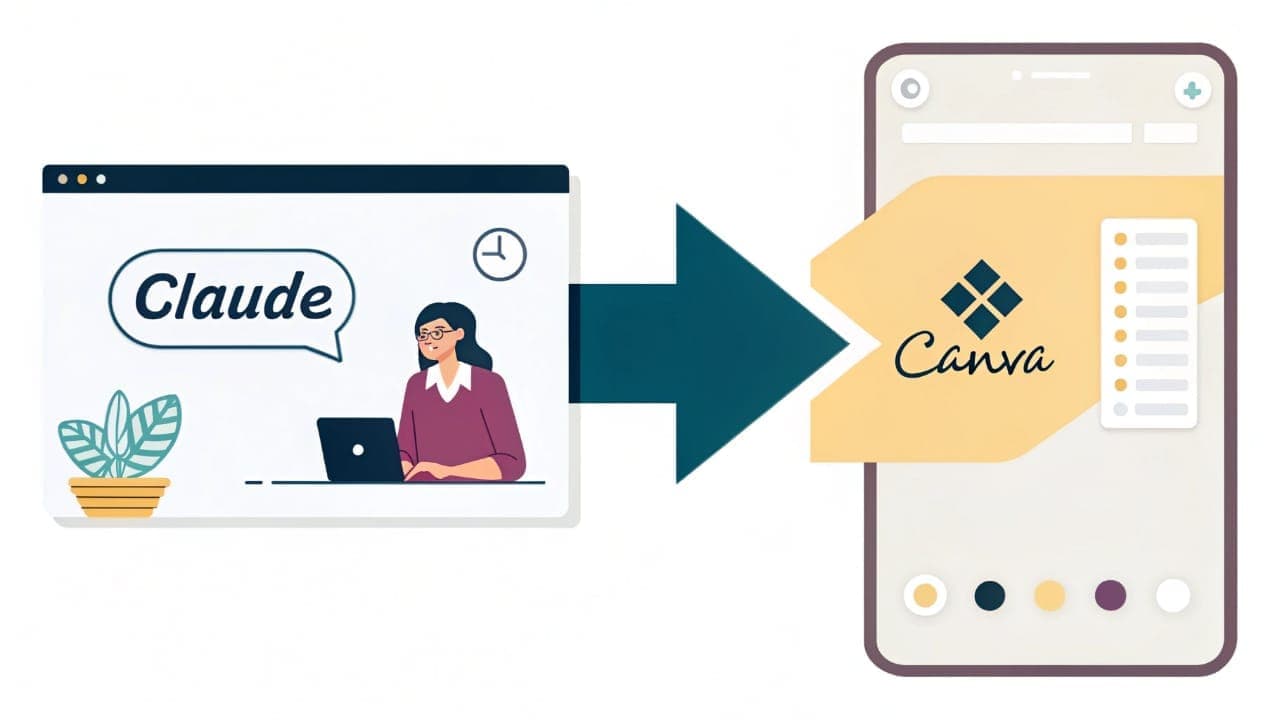 Illustration of a browser window with the Claude AI logo pointing to a smartphone displaying the Canva design interface.