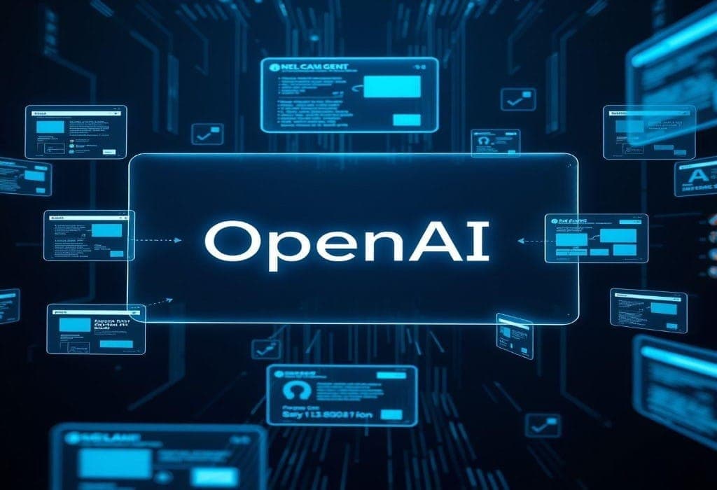A digital screen showing the word "OpenAI" in the center, surrounded by floating windows of code interfaces, referencing the new ChatGPT agent.