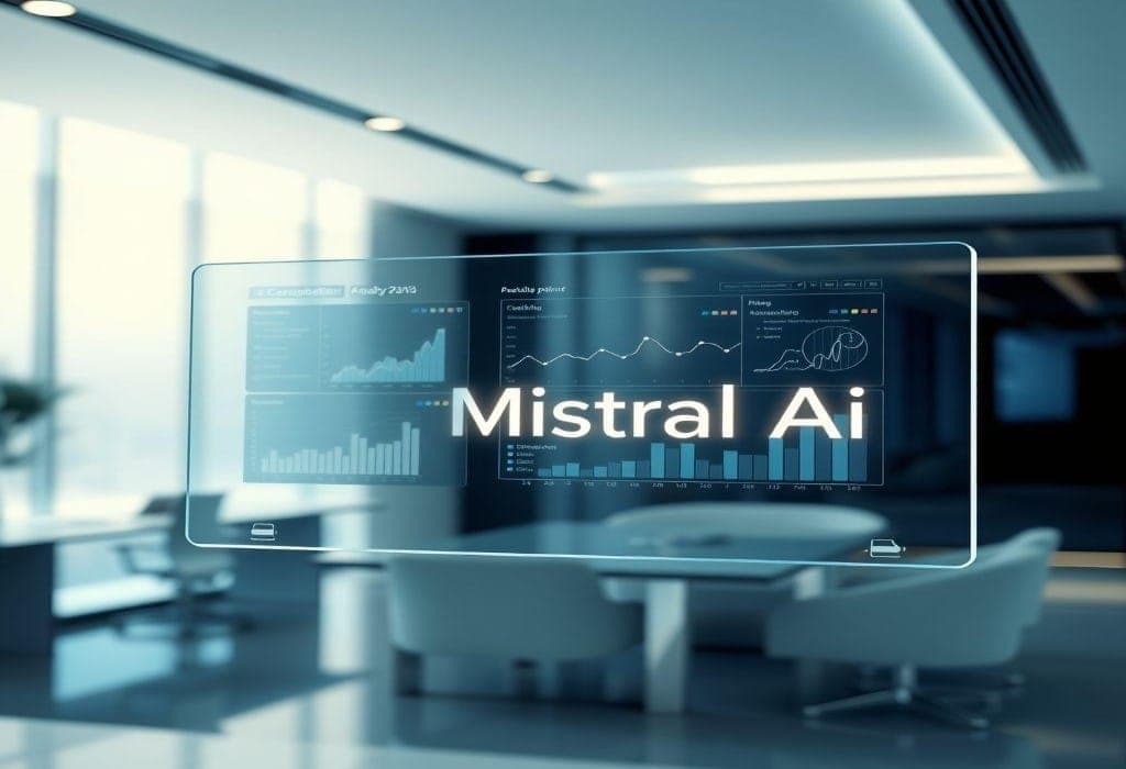 A futuristic transparent screen displaying graphs and analytics with the Mistral AI logo in a modern office environment.