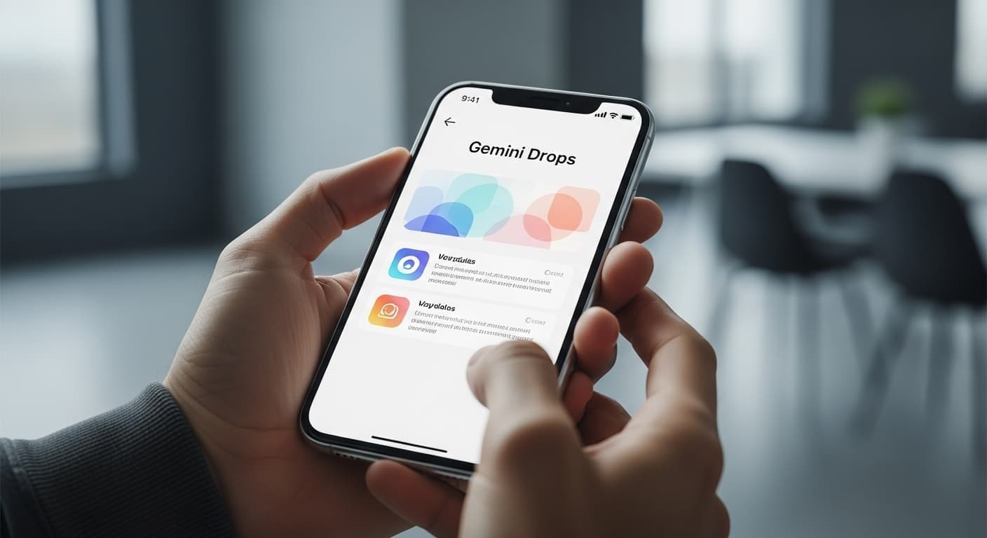 A person holding a smartphone and browsing the 'Gemini Drops' news feed from Google to catch up on the latest AI updates.