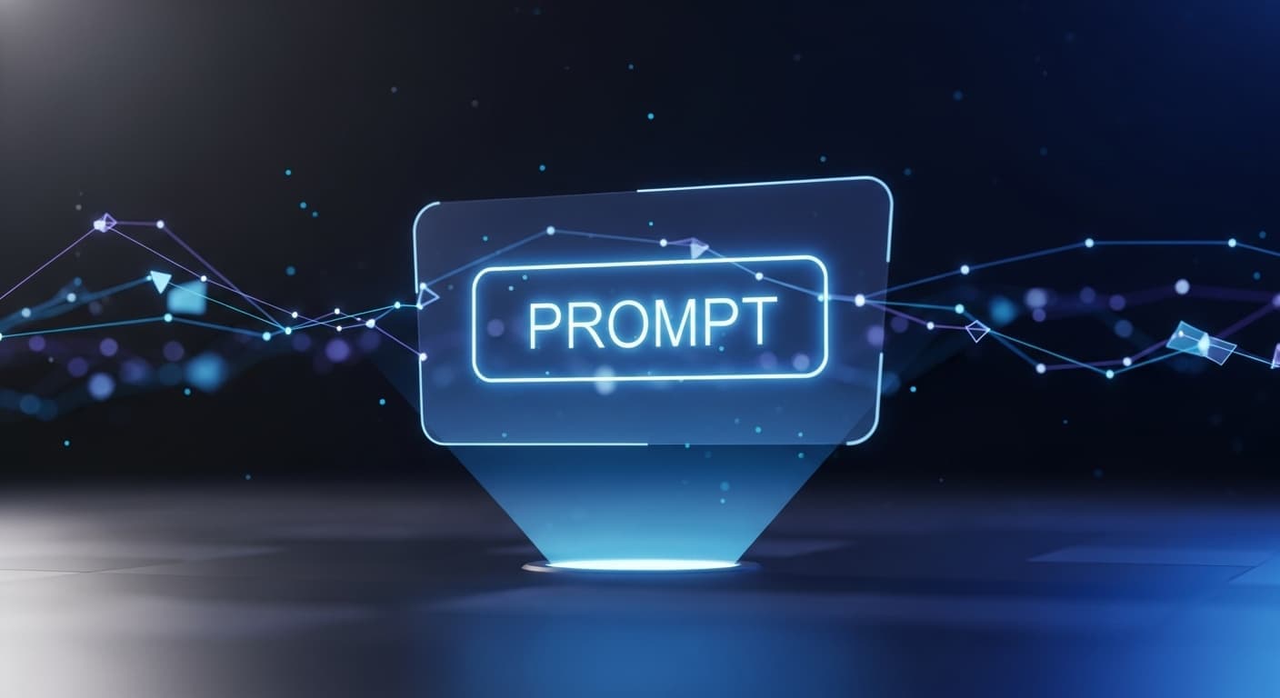 A digital interface displays the glowing word "PROMPT" on a blue holographic screen, with data lines in the background symbolizing AI commands.