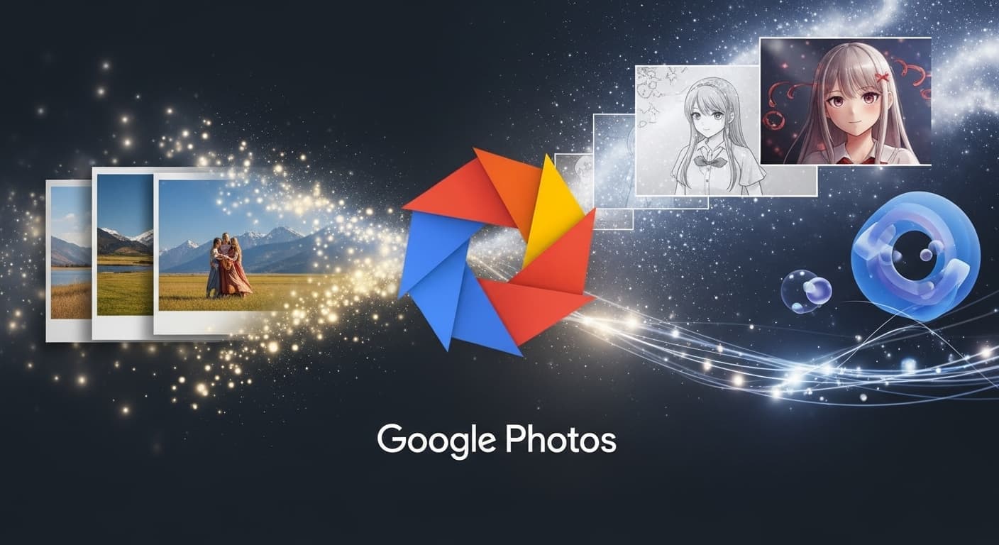 صورة توضيحية تعرض شعار Google Photos، وتوضح كيفية تحويل الصور العادية إلى أنماط فنية مختلفة مثل الأنمي والاسكتش باستخدام أدوات الذكاء الاصطناعي الجديدة.