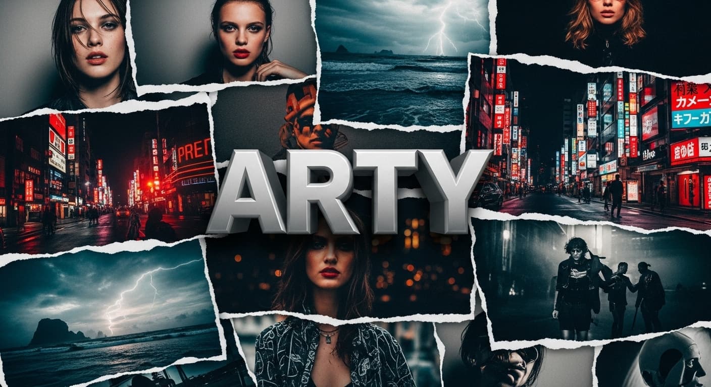 Featured image for the Arty AI tool, showing a creative collage of realistic photographic images in a torn-paper style, combining portraits and night cityscapes, with the word "Arty" in the center.