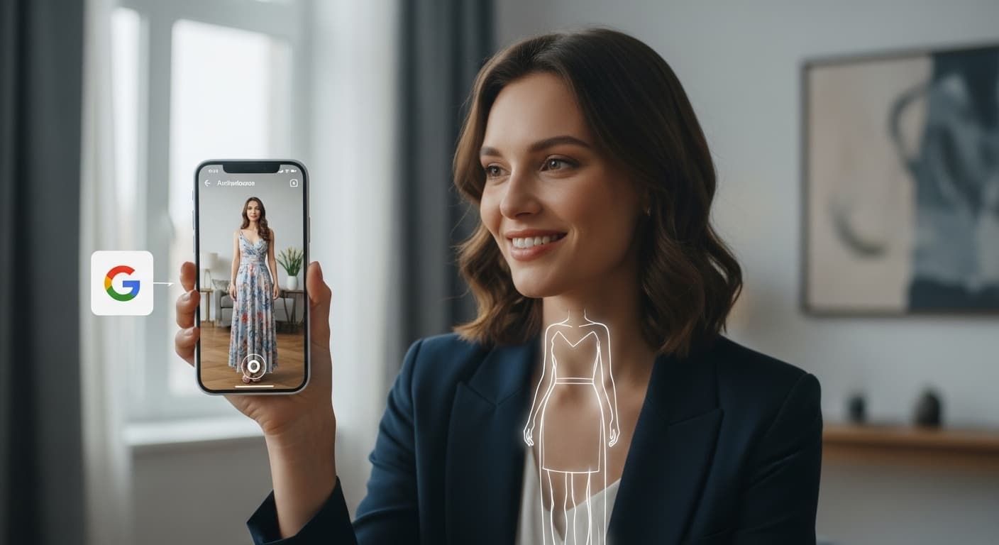 A woman looks at her phone to virtually try on a dress with Google's shopping tool.