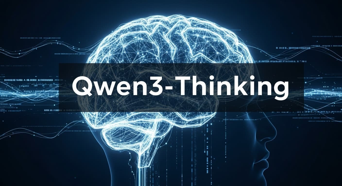 صورة توضيحية لنموذج Qwen3-Thinking تظهر دماغًا رقميًا متوهجًا يرمز للذكاء الاصطناعي والقدرات المنطقية الفائقة.