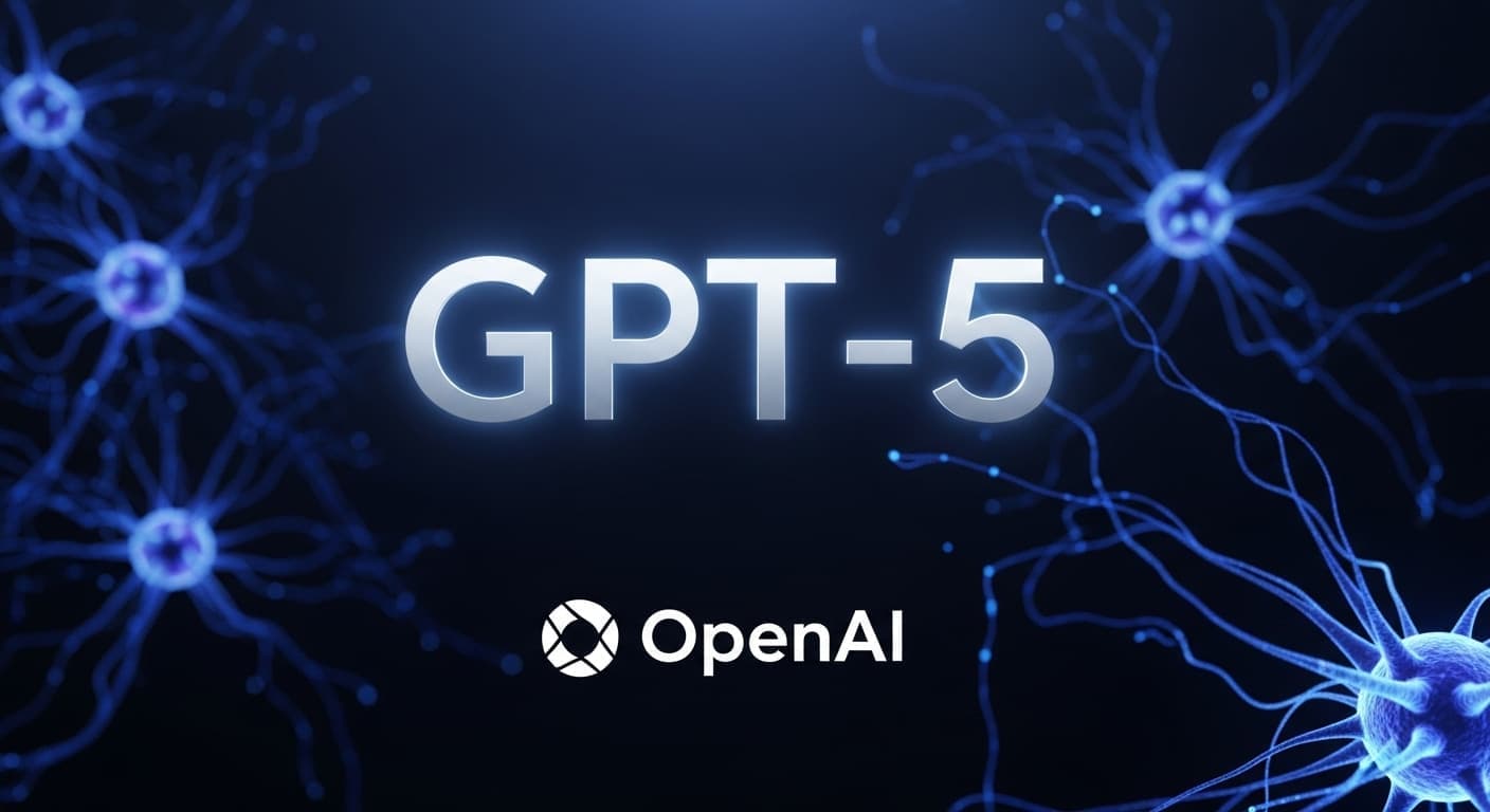 Silver text reading "GPT-5" with the OpenAI company name below it, set against a dark background depicting a glowing blue neural network.