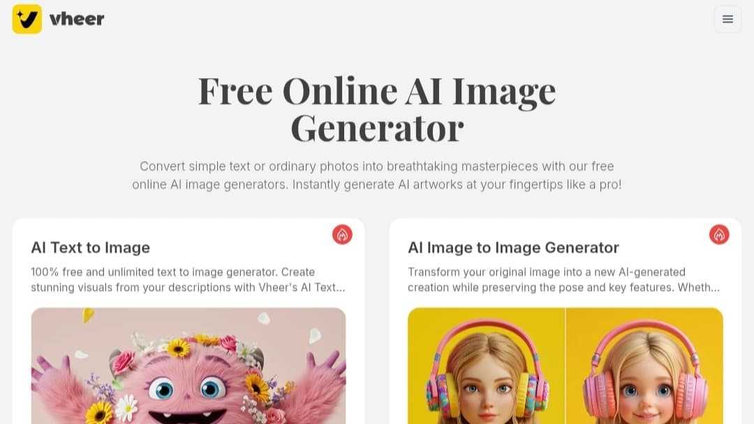 Screenshot of the Vheer homepage, a free AI image generation service. The main tools like text-to-image and image-to-image are visible.
