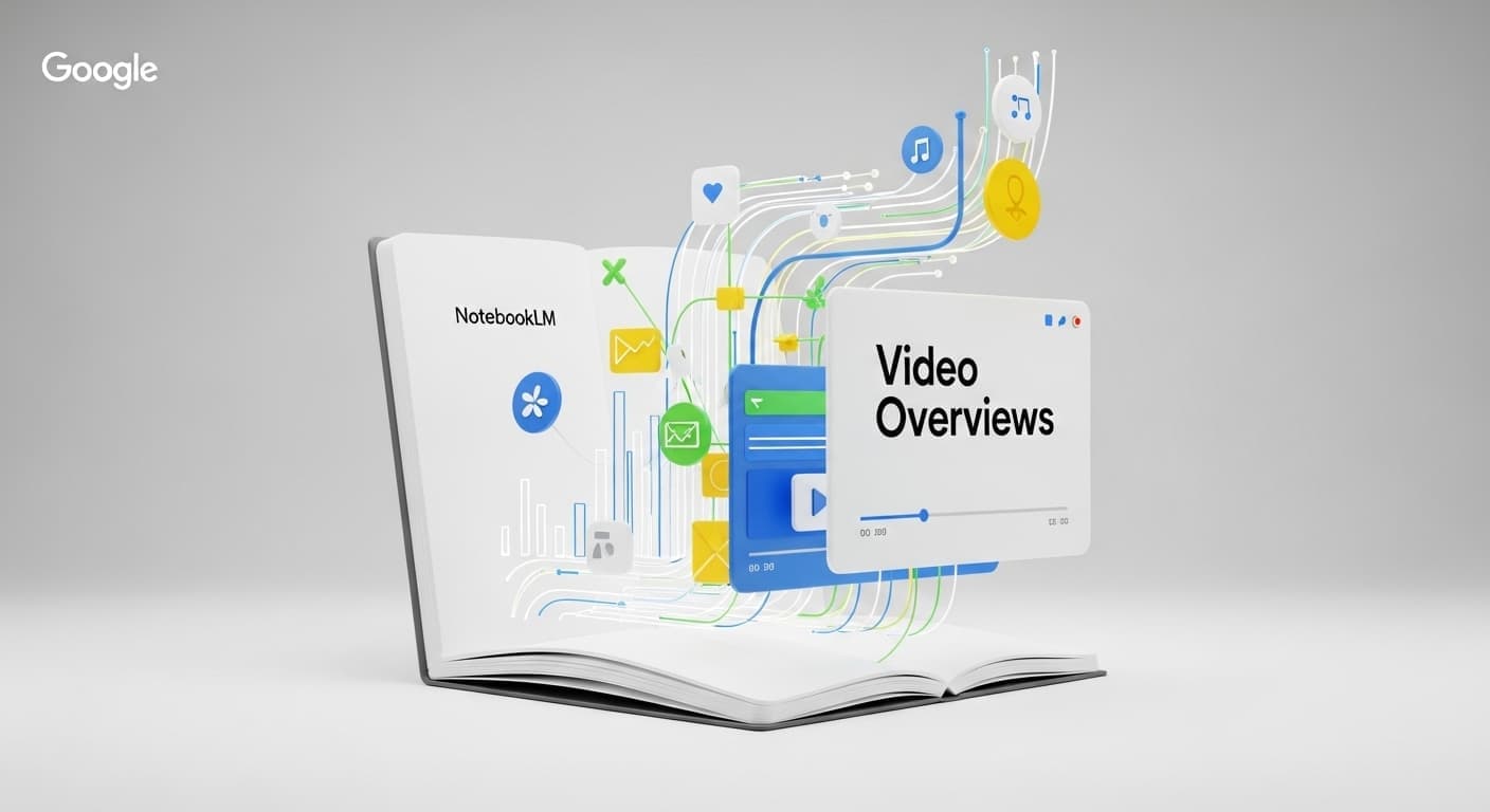 An illustration of the Video Overviews feature in Google NotebookLM, showing data flowing out of an open book to form a video player interface.