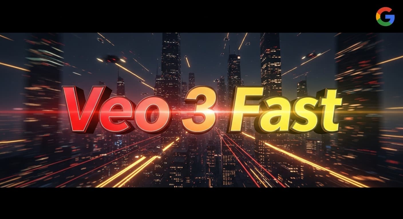Image of the text "Veo 3 Fast" in 3D with a red-to-yellow gradient, set against a cinematic background of a futuristic city at night in high-speed motion, with the Google logo.