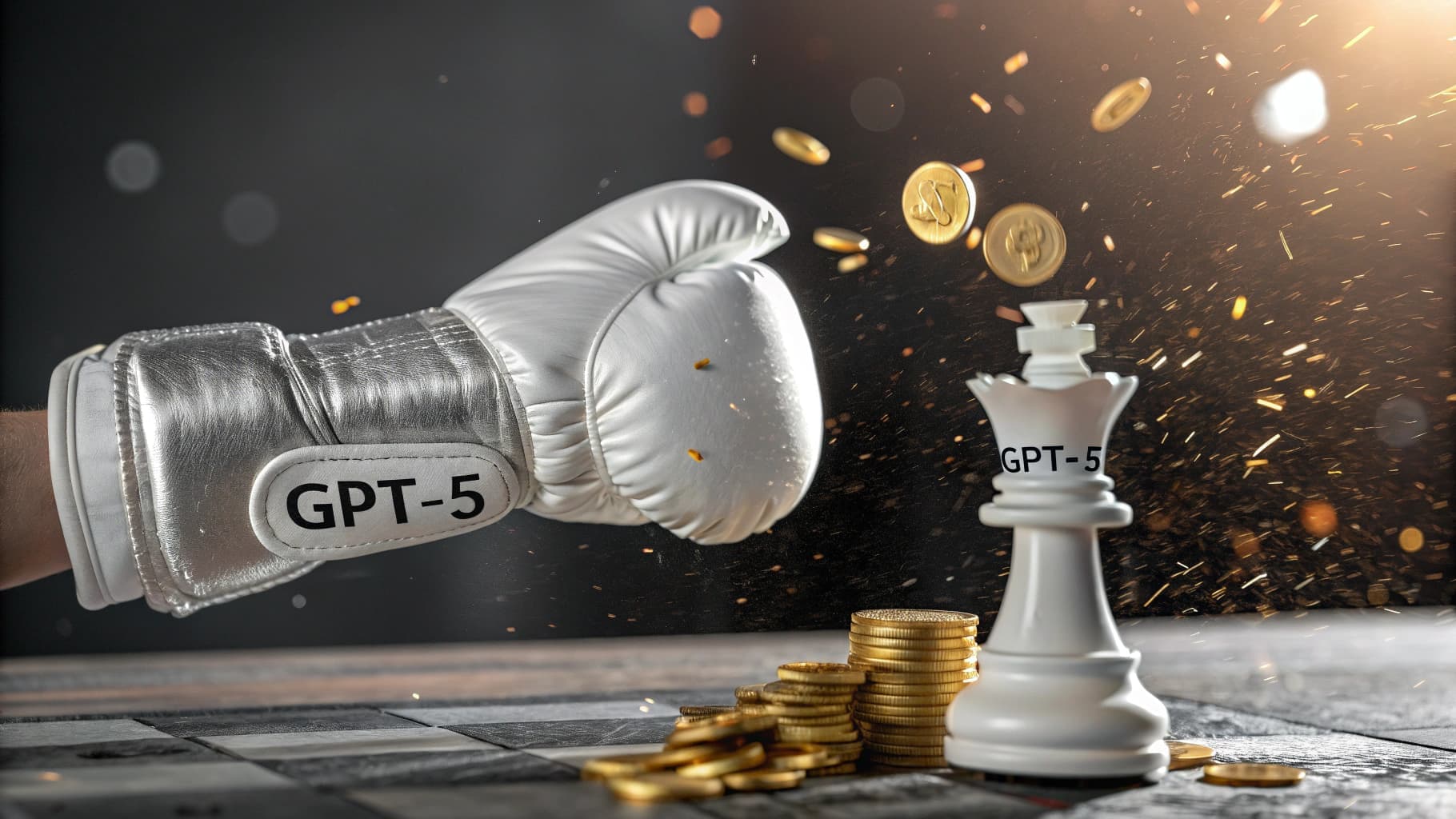 قفاز ملاكمة فضي يحمل اسم GPT-5 يوجه لكمة قوية لقطعة شطرنج بيضاء على شكل ملك، مما يؤدي إلى تناثر العملات الذهبية على رقعة الشطرنج.