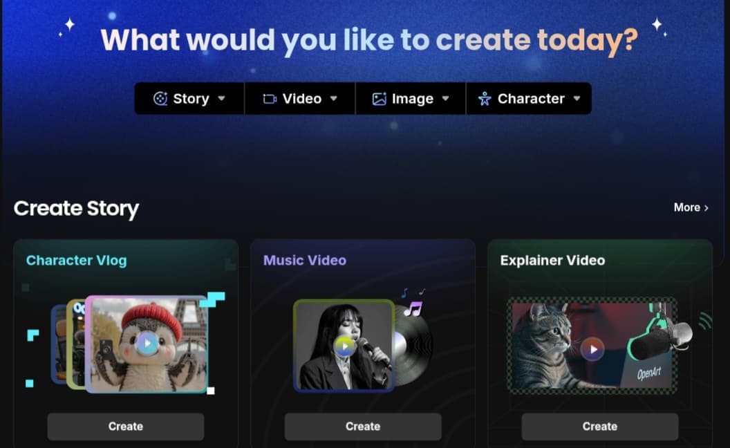 A screenshot from the OpenArt platform displaying video creation options like Character Vlog, Music Video, and Explainer Video powered by AI.