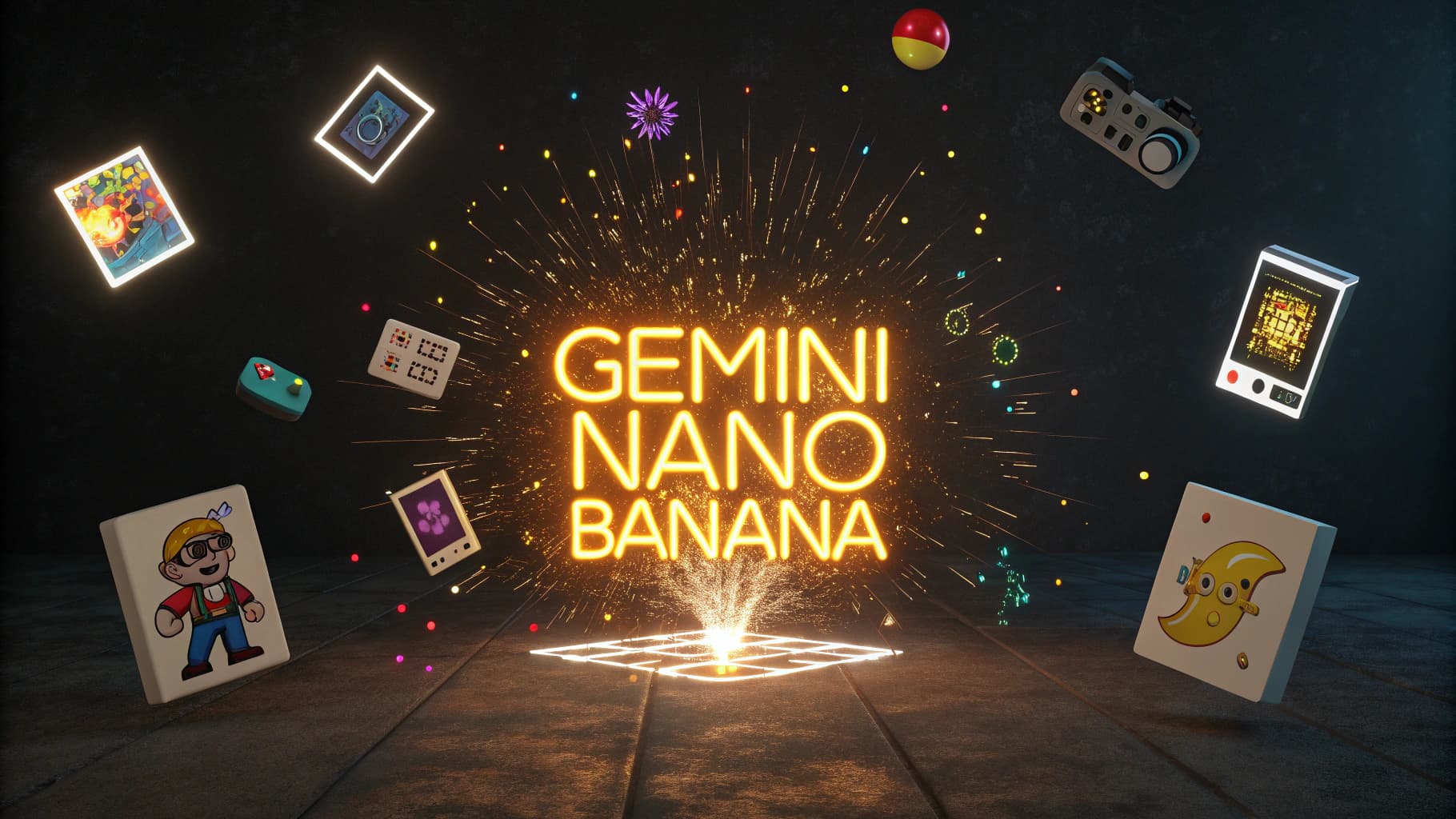 Golden glowing text 'Gemini Nano Banana' with sparks exploding outwards, surrounded by floating examples of AI-generated art.