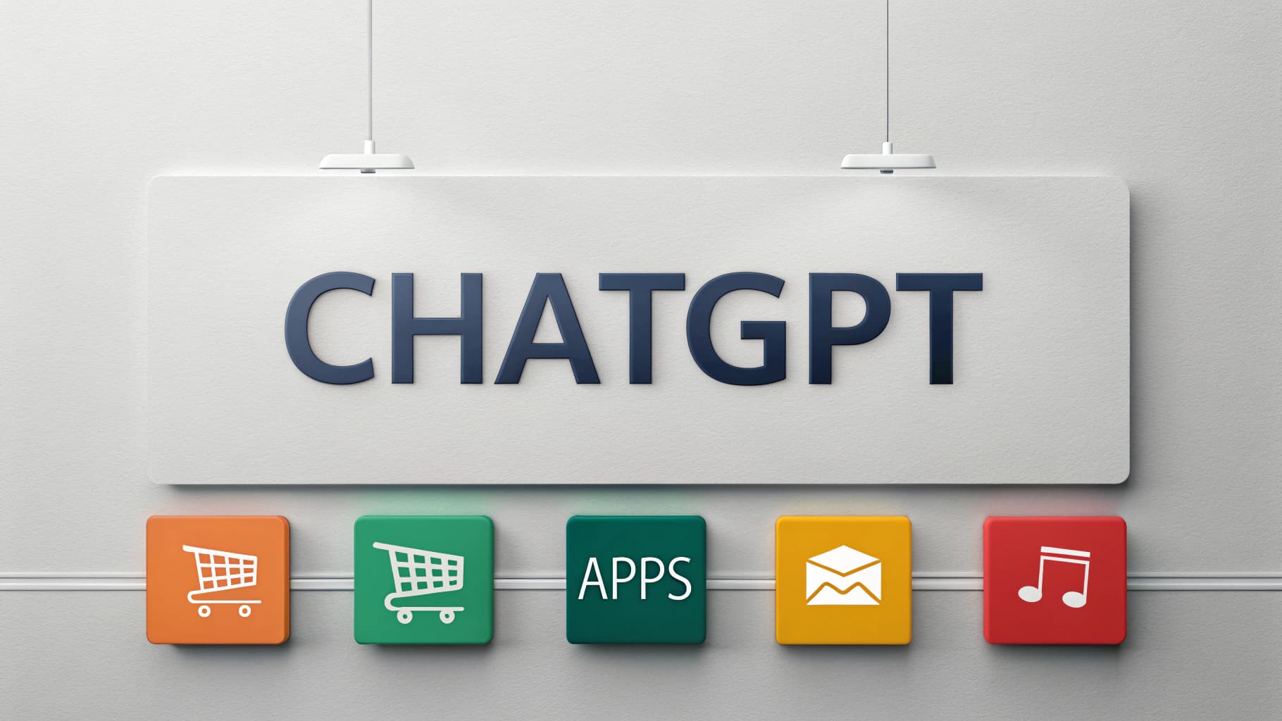 A sign with the word CHATGPT above a row of colorful app icons, symbolizing the integration of e-commerce, shopping, and other services into the AI platform.