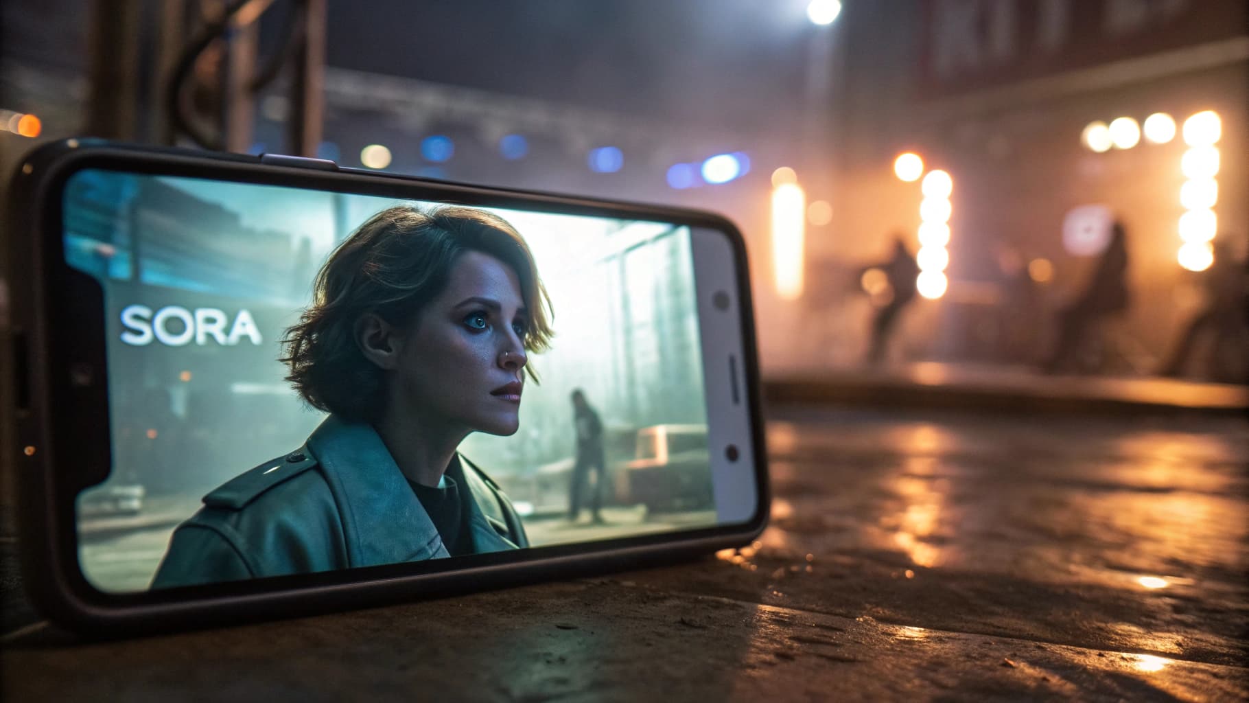 A smartphone displaying a cinematic video of a woman's face generated by the Sora app, resting on a reflective surface with blurred city lights in the background.