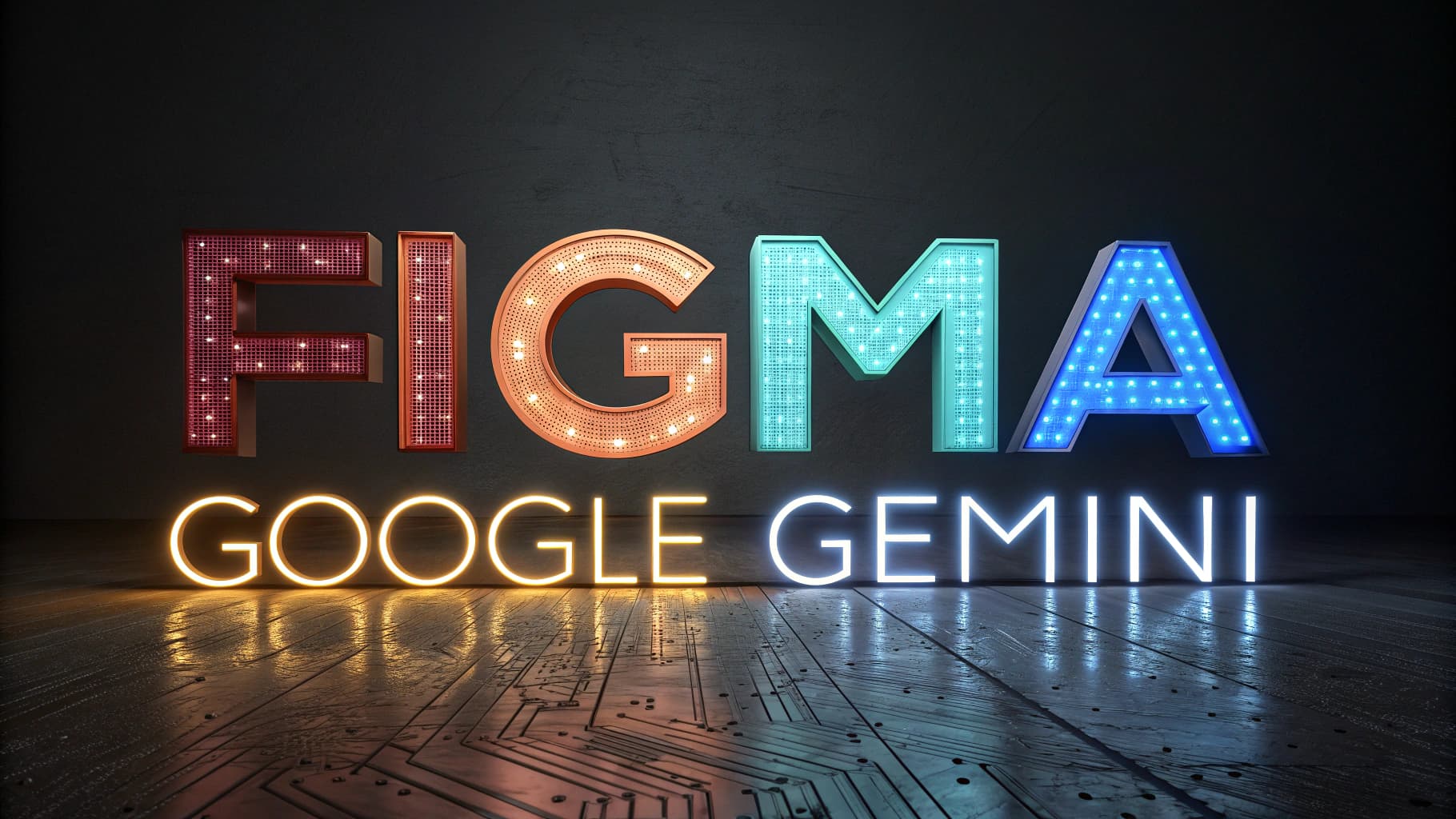 A 3D render of the word FIGMA in large, colorful marquee light-up letters, with the text "Google Gemini" below it in a glowing neon font on a dark, reflective floor.