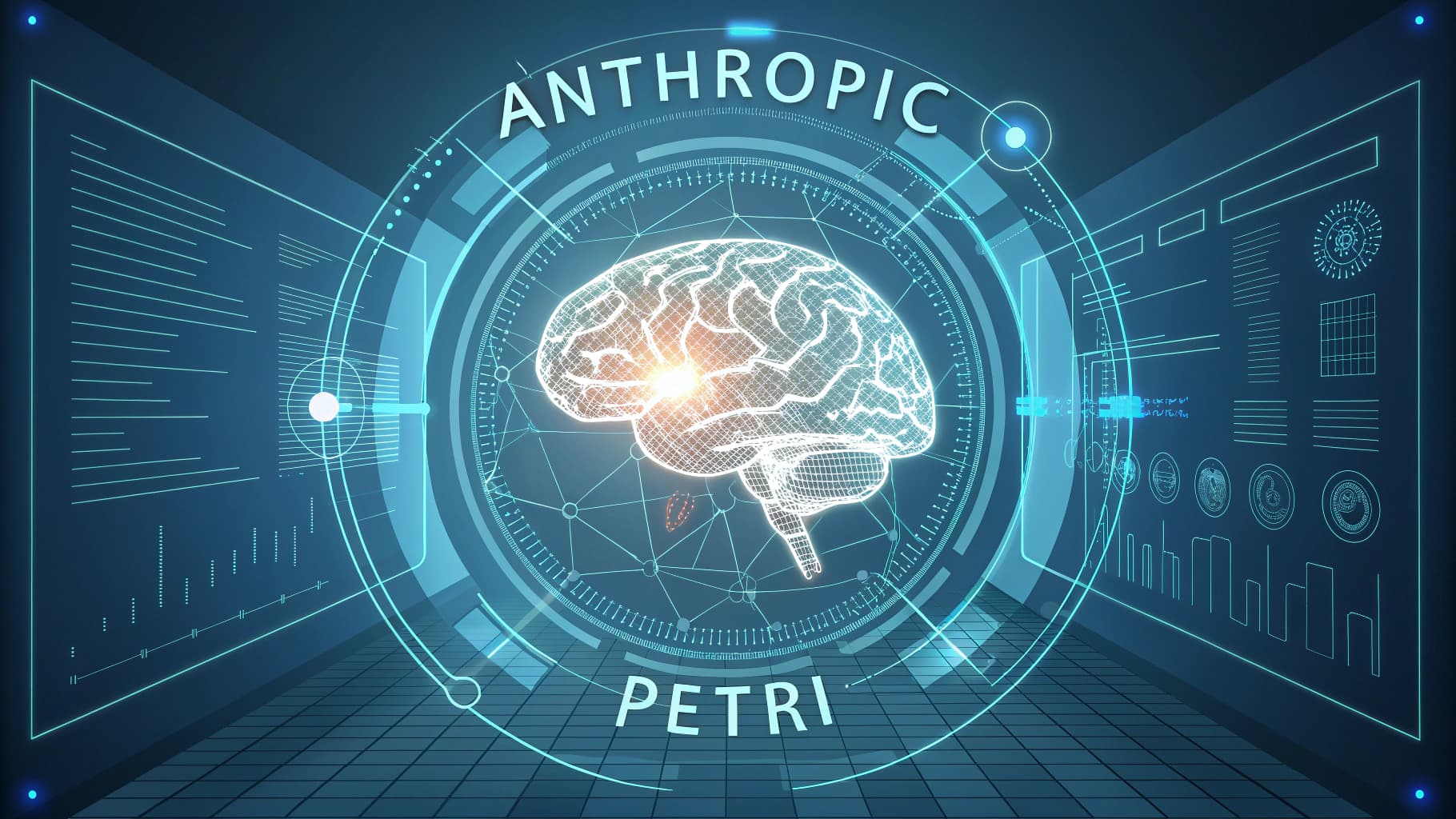 واجهة مستخدم مستقبلية تعرض نموذج دماغ اصطناعي مضيء، محاط برسوم بيانية، مع شعار أنثروبيك وأداة بيتري لتدقيق الذكاء الاصطناعي.