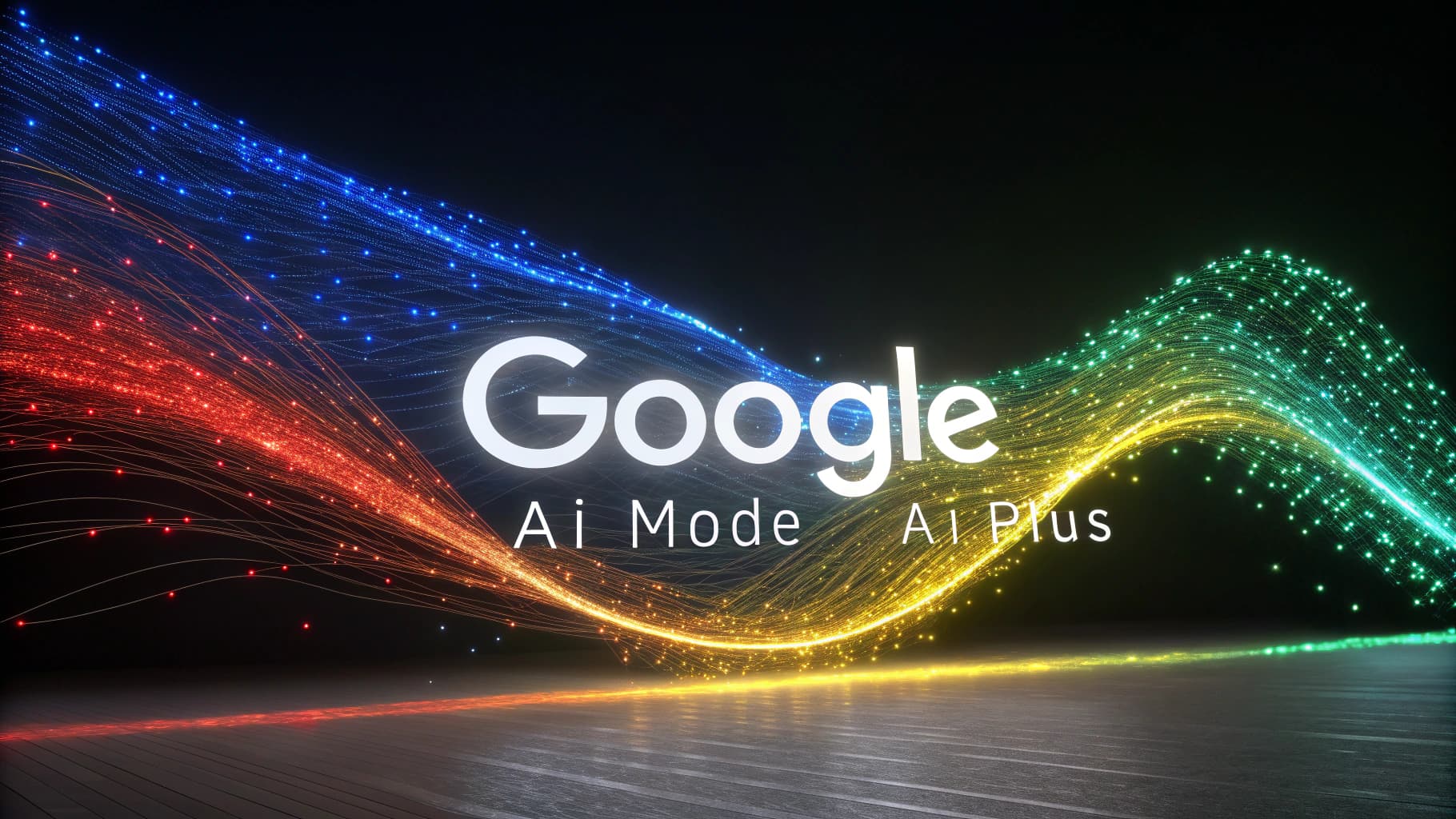 The Google logo in white, with the text 'AI Mode' and 'AI Plus' underneath, set against a dark background with flowing waves of colorful light particles.