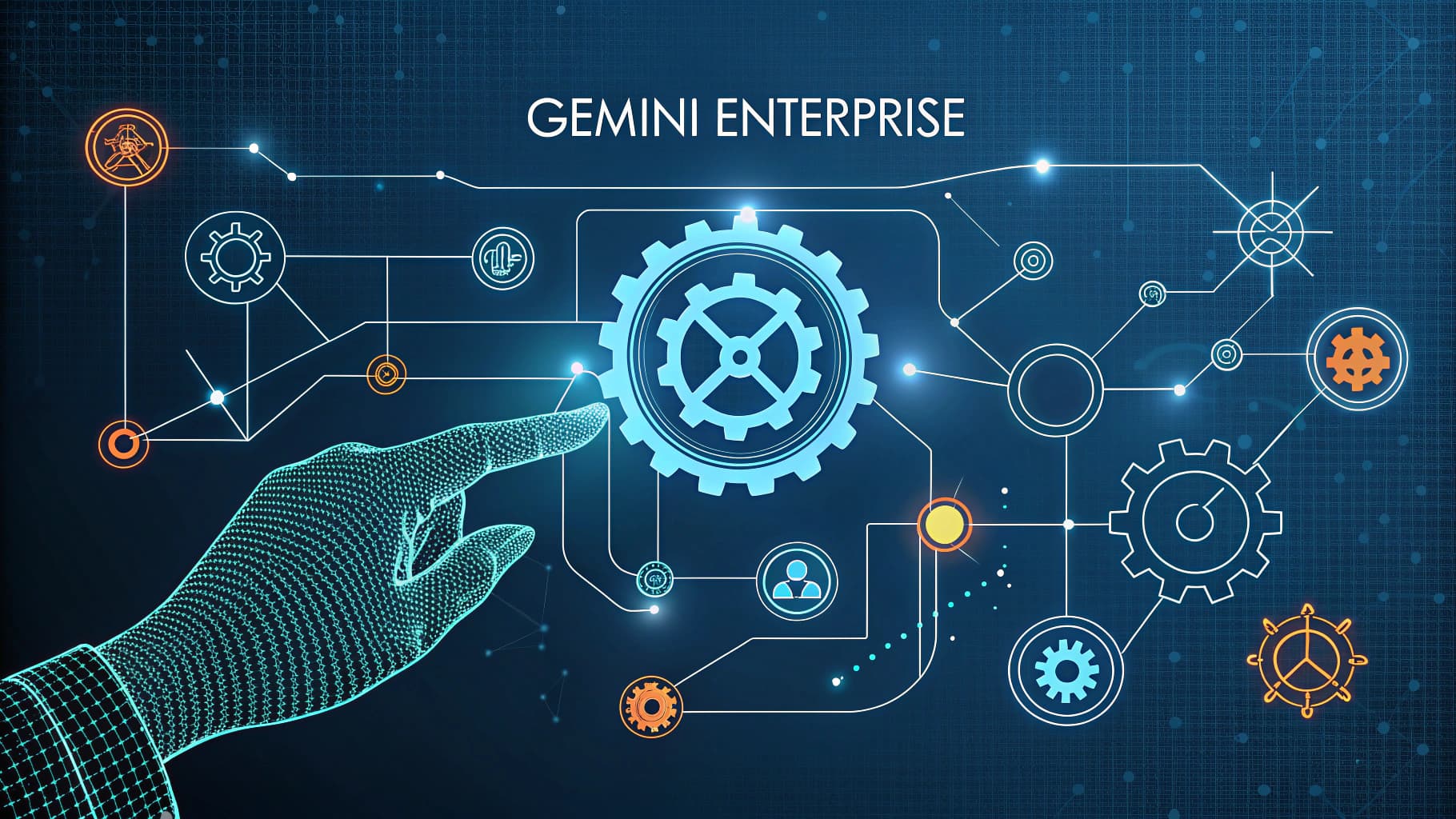 Conceptual image of Gemini Enterprise, featuring a digital wireframe hand orchestrating an AI-powered workflow with interconnected icons and gears.