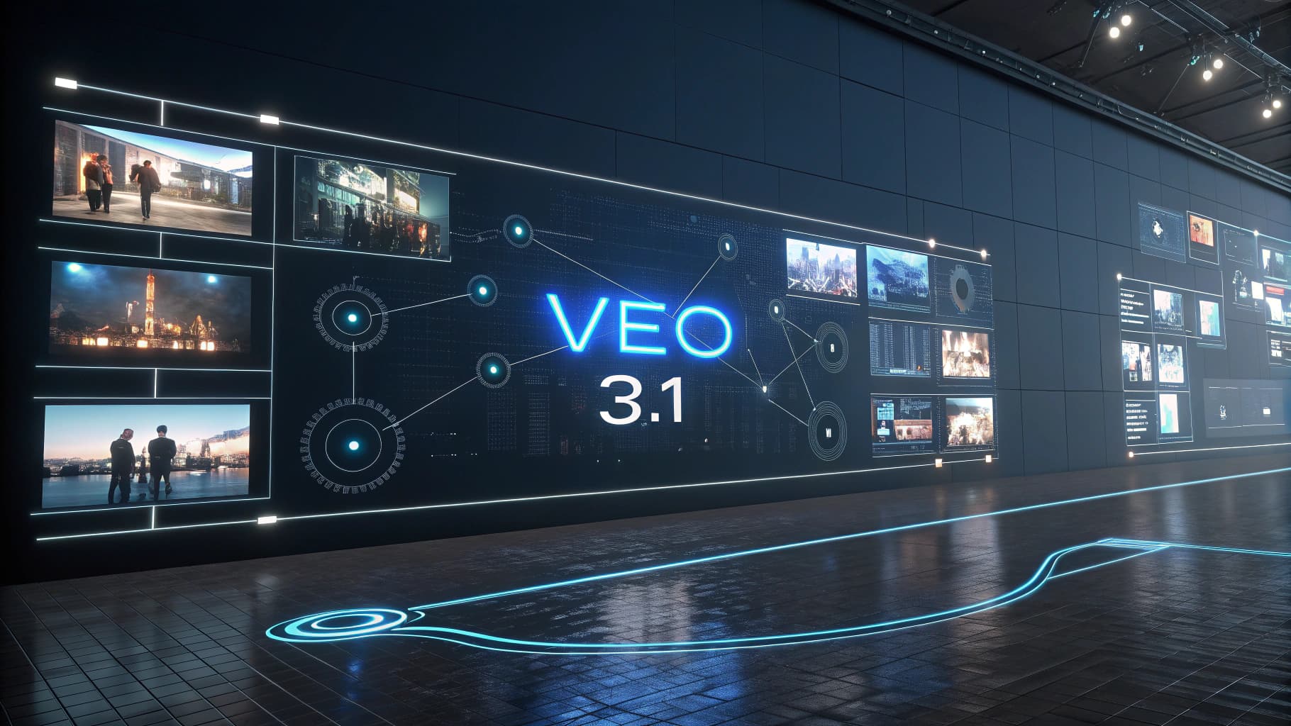 A futuristic tech display wall featuring the VEO 3.1 logo, surrounded by screens showcasing diverse AI-generated video clips and data visualizations.