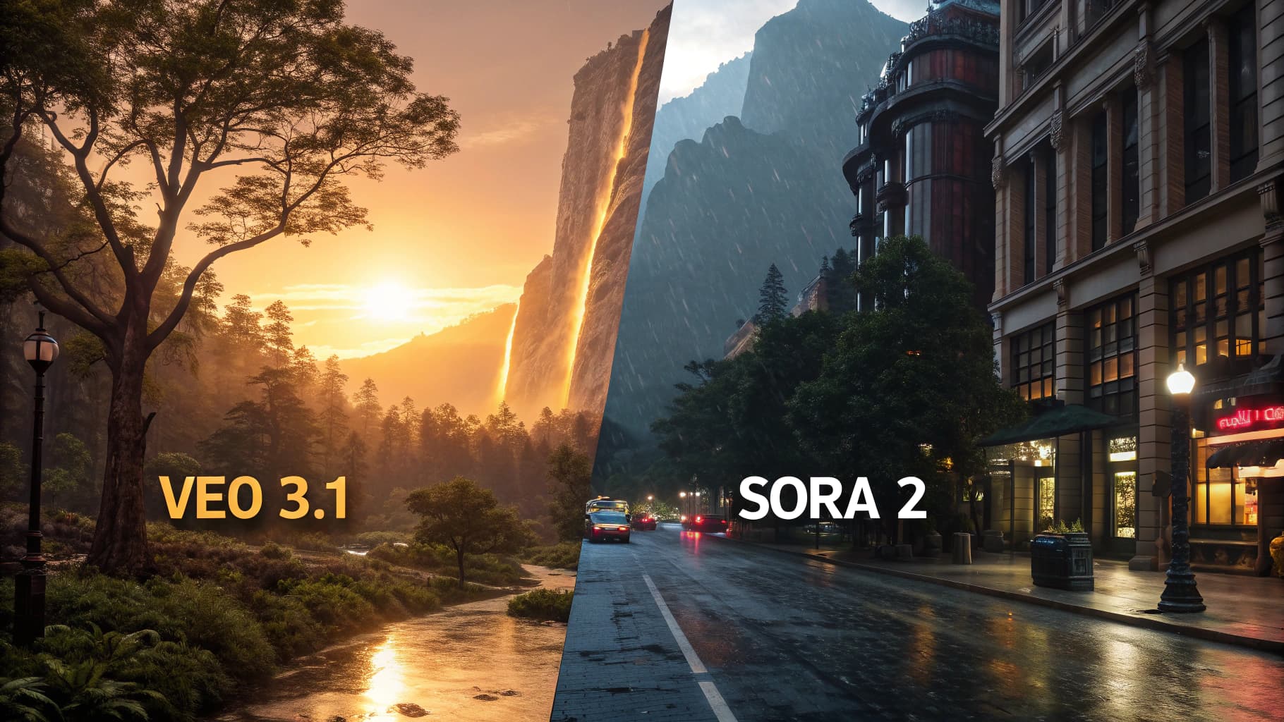 صورة مقسومة تقارن بين نموذجي الذكاء الاصطناعي، على اليسار مشهد طبيعي دافئ عند الغروب مع نص VEO 3.1، وعلى اليمين مشهد لشارع مدينة ممطر ليلاً مع نص SORA 2.