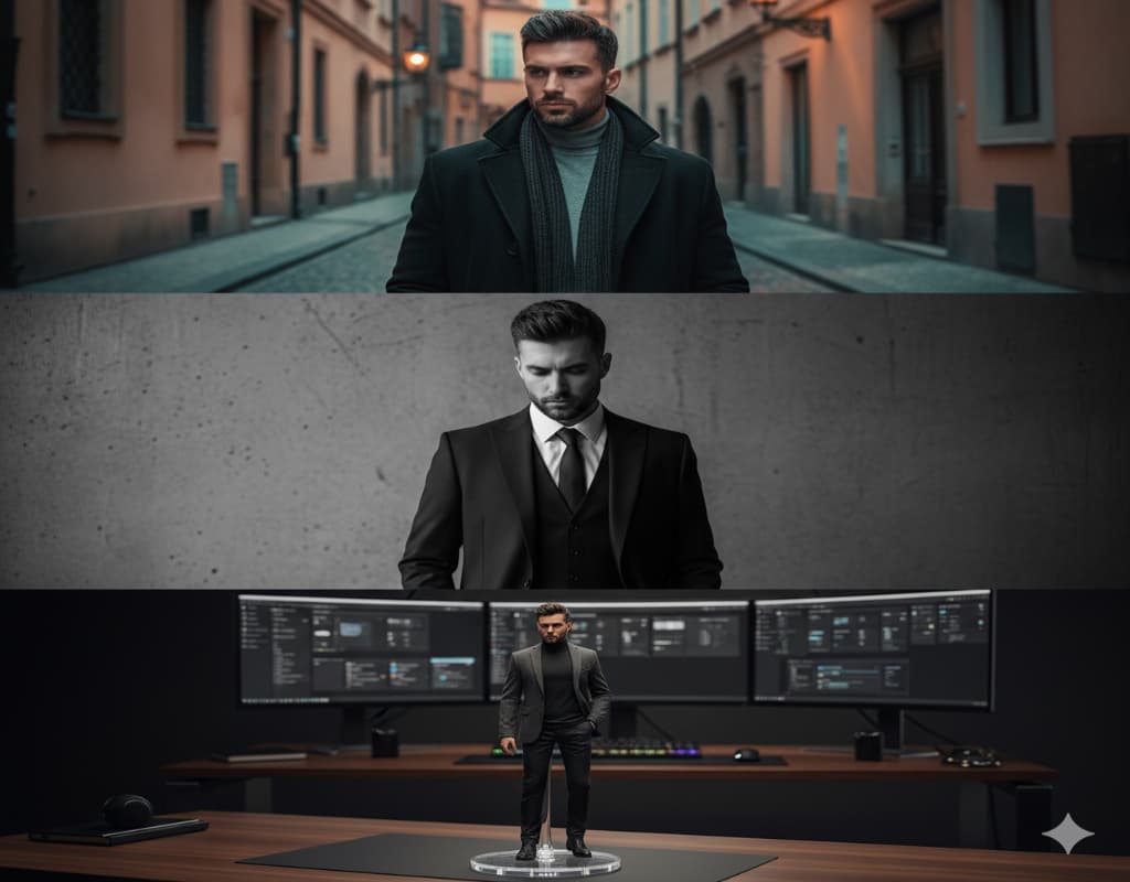 A featured image split into three panels showcasing the same man in different styles created with Nano Banana AI prompts: a cinematic street portrait, a dramatic black and white studio photo, and a realistic collectible figurine on a desk.