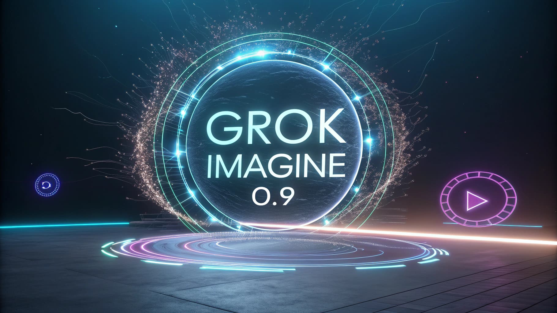 A futuristic digital art piece showing the text 'Grok Imagine 0.9' inside a glowing orb, surrounded by neon rings and particle effects.