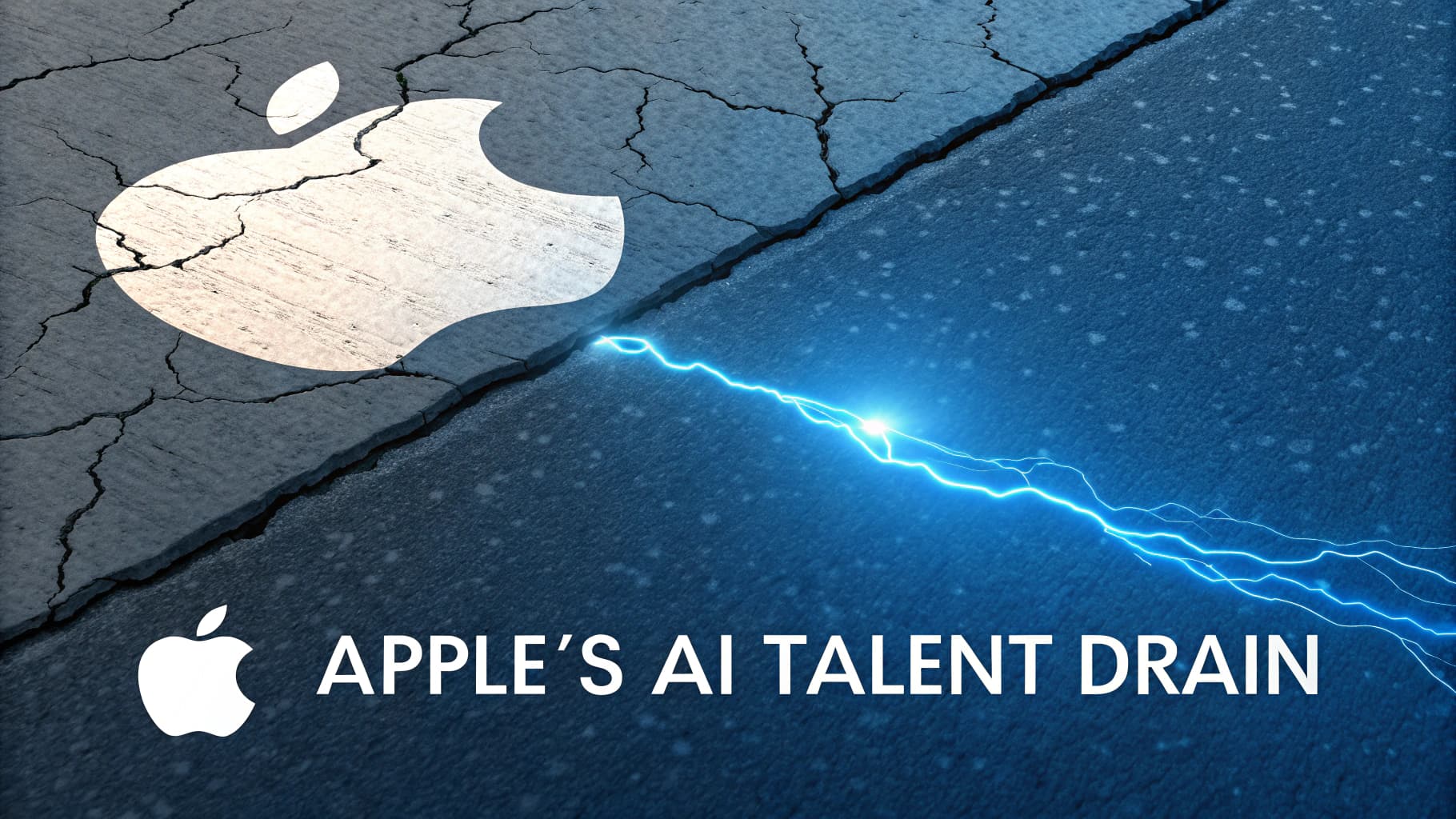 Conceptual image showing the Apple logo on cracked ground, with a bolt of energy crossing a divide, symbolizing the AI talent drain from Apple to competitors.