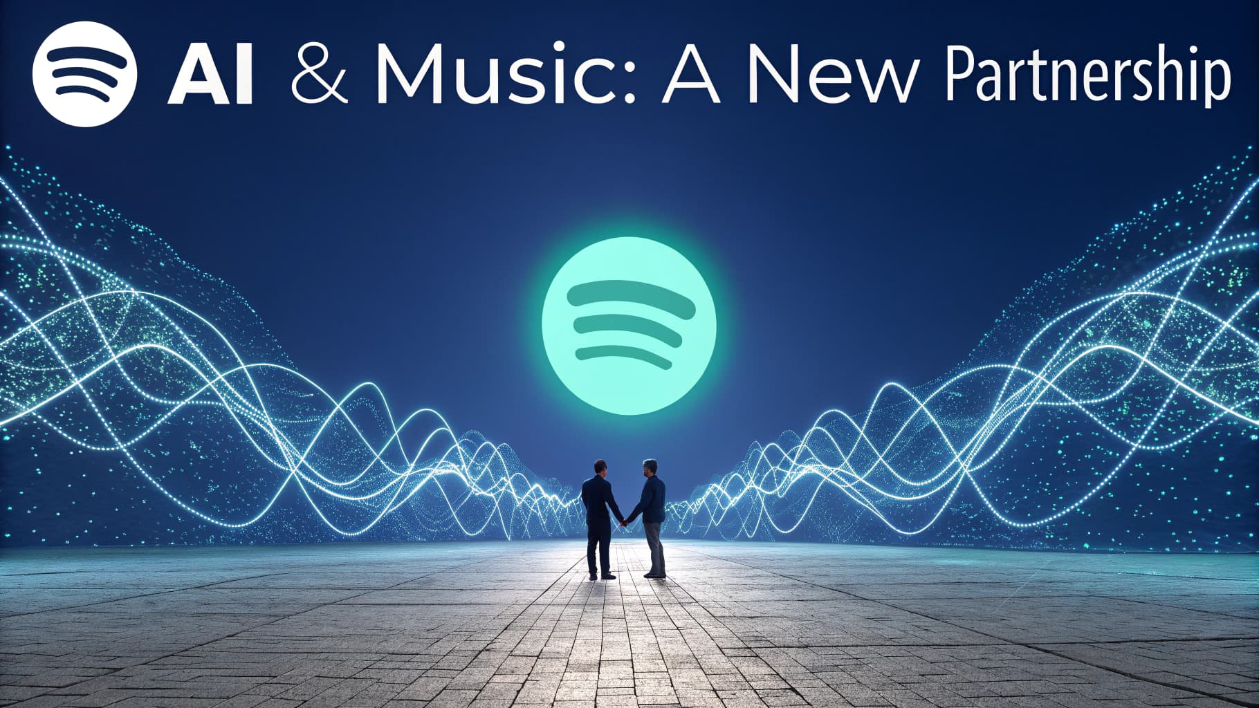 رجلان يتصافحان يرمزان لشراكة سبوتيفاي وصناعة الموسيقى، أمام شعار سبوتيفاي المضيء وموجات صوتية رقمية، مع عنوان "الذكاء الاصطناعي والموسيقى: شراكة جديدة".