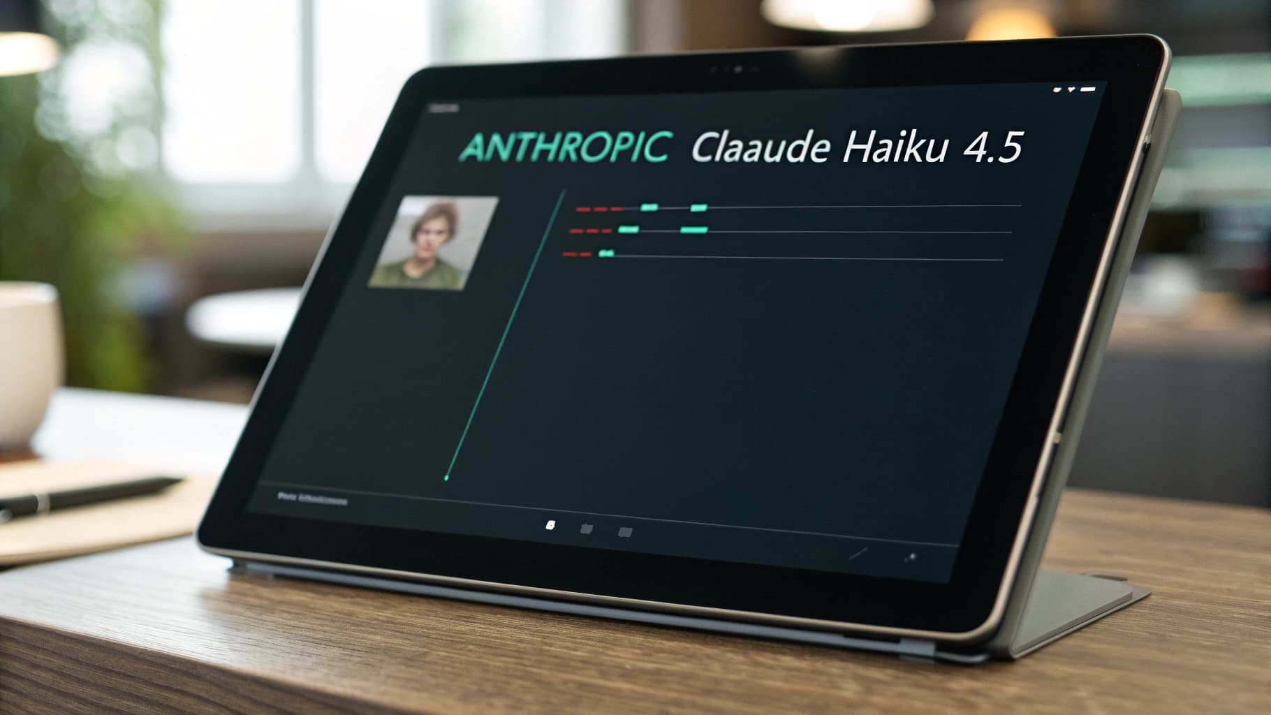A tablet on a wooden desk displaying the user interface of the Anthropic Claude Haiku 4.5 AI model, showing data analytics in a dark-themed dashboard.