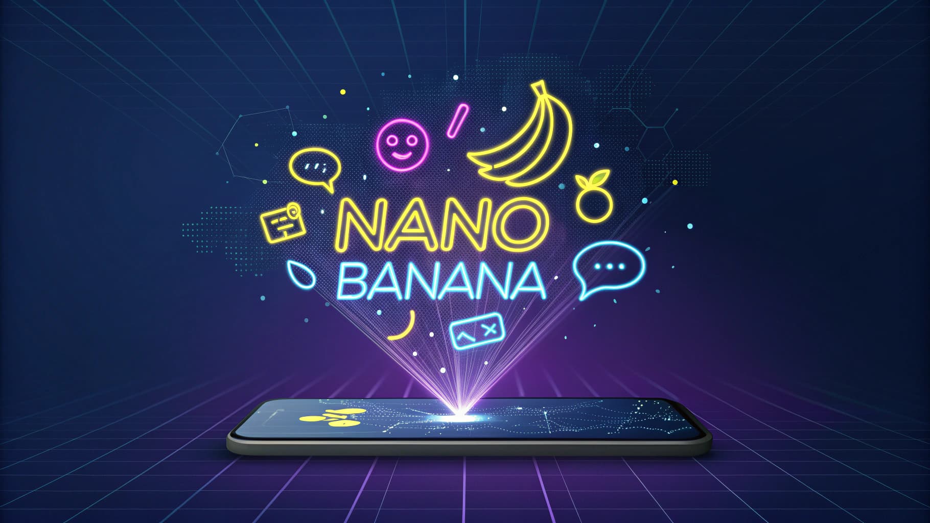 A smartphone projecting a futuristic neon hologram of the Nano Banana logo with chat and editing icons, symbolizing the AI feature's integration into the Google Messages app.
