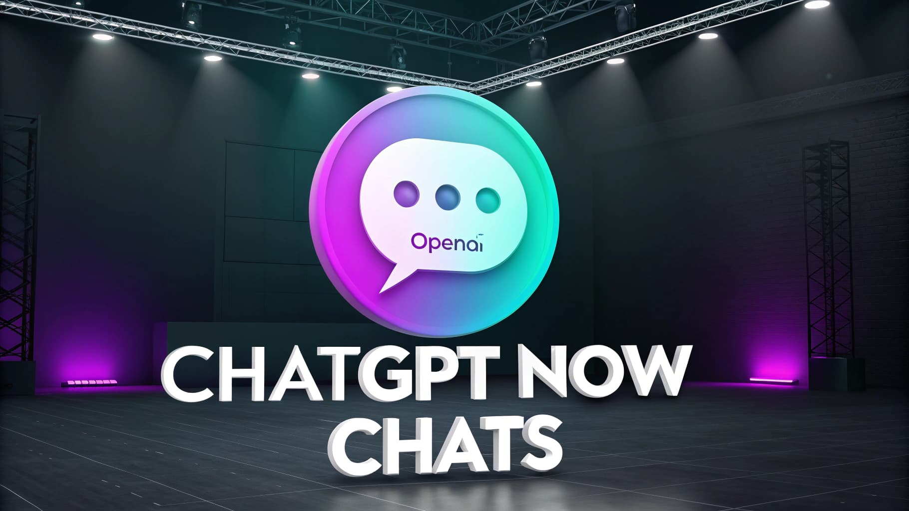 A presentation stage with spotlights on a large, glowing chat bubble icon and the text "CHATGPT NOW CHATS," announcing the new direct messaging feature.