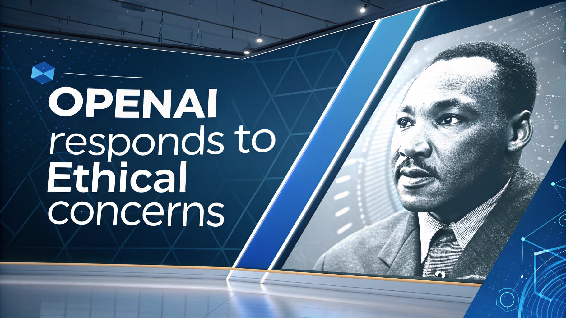A news-style graphic showing the OpenAI logo with the text "OPENAI responds to Ethical concerns," next to a black and white portrait of Dr. Martin Luther King Jr.