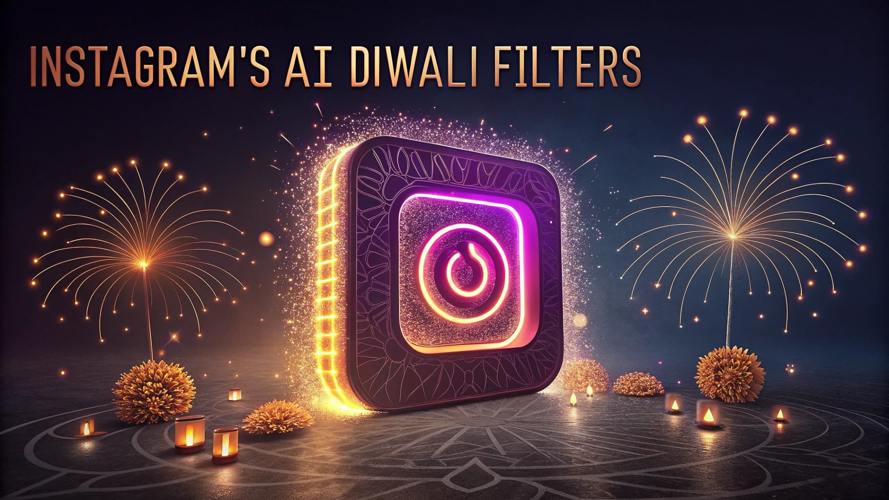 شعار إنستغرام فني متوهج محاط بألعاب نارية وشموع دياس احتفالًا بعيد ديوالي، مع نص "Instagram's AI Diwali Filters" في الأعلى.