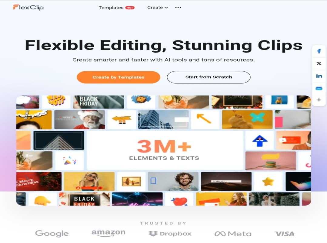 A screenshot of the FlexClip homepage featuring the headline "Flexible Editing, Stunning Clips." The image highlights options to "Create by Templates" or "Start from Scratch," a large grid showcasing over 3 million elements and texts.