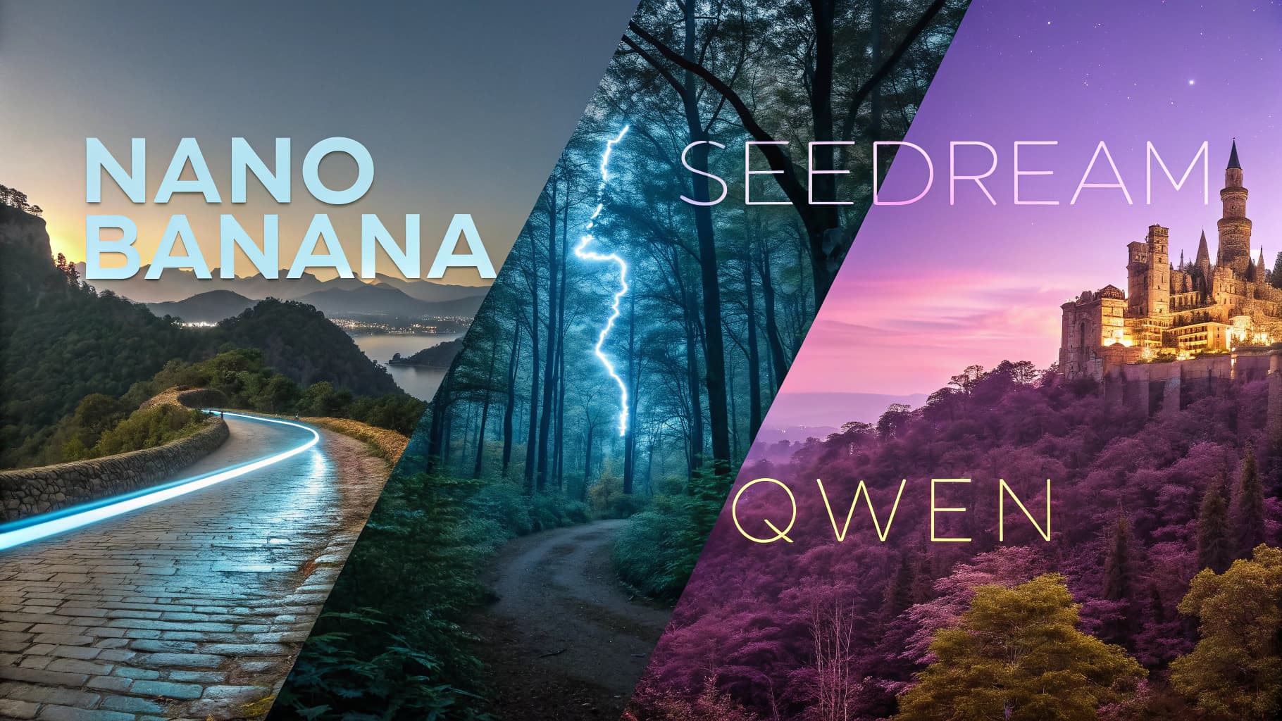A split-screen image comparing AI models: a futuristic road for 'Nano Banana', a lightning storm in a forest for 'Seedream', and a fantasy castle for 'Qwen'.