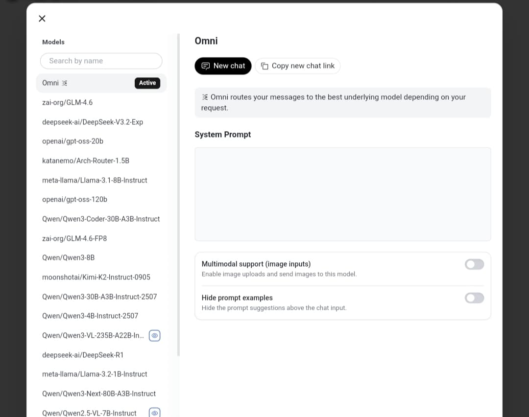 A screenshot of the HuggingChat interface with the 'Omni' feature activated. The screen shows how Omni routes requests to the best AI model from a list of open-source models on the left.