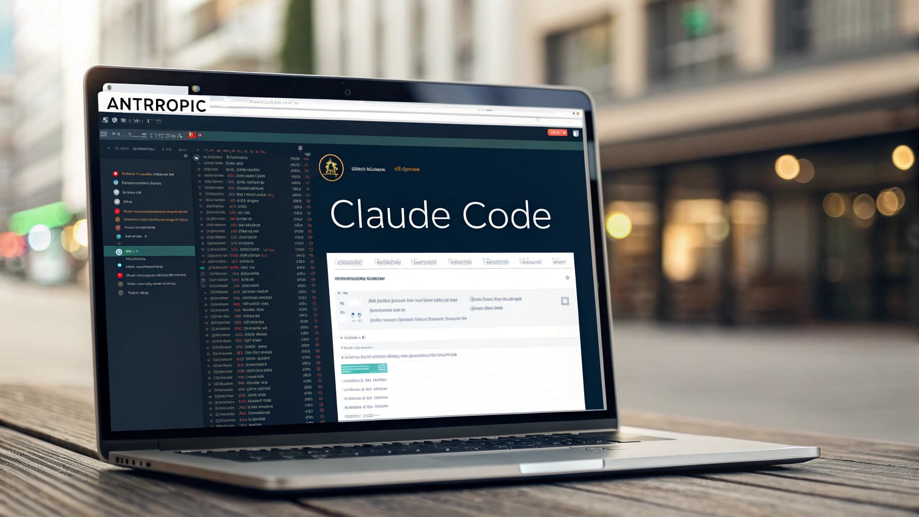 A laptop on an outdoor wooden table displaying the dark mode interface of Anthropic's Claude Code web app, showing a code editor and a chat panel.