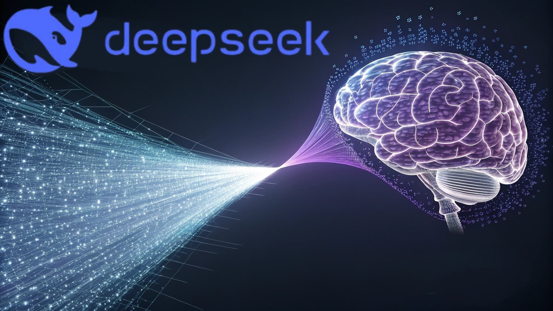 رسم توضيحي يظهر تدفق بيانات ضخمة يتم ضغطها وتوجيهها إلى دماغ رقمي متوهج، مع وجود شعار DeepSeek في الأعلى، لتمثيل تقنية DeepSeek-OCR.