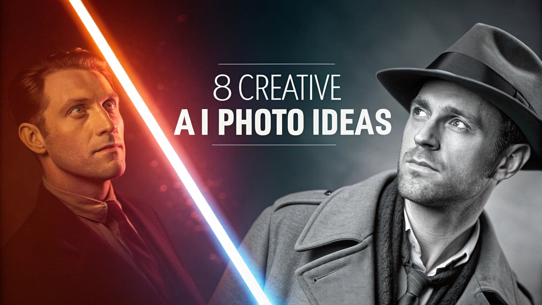Image for 8 creative AI photo ideas. It shows a man in a split portrait: the left side is a futuristic color photo with a glowing neon light, and the right side is a classic black-and-white film noir style, demonstrating the diverse capabilities of AI image generation.