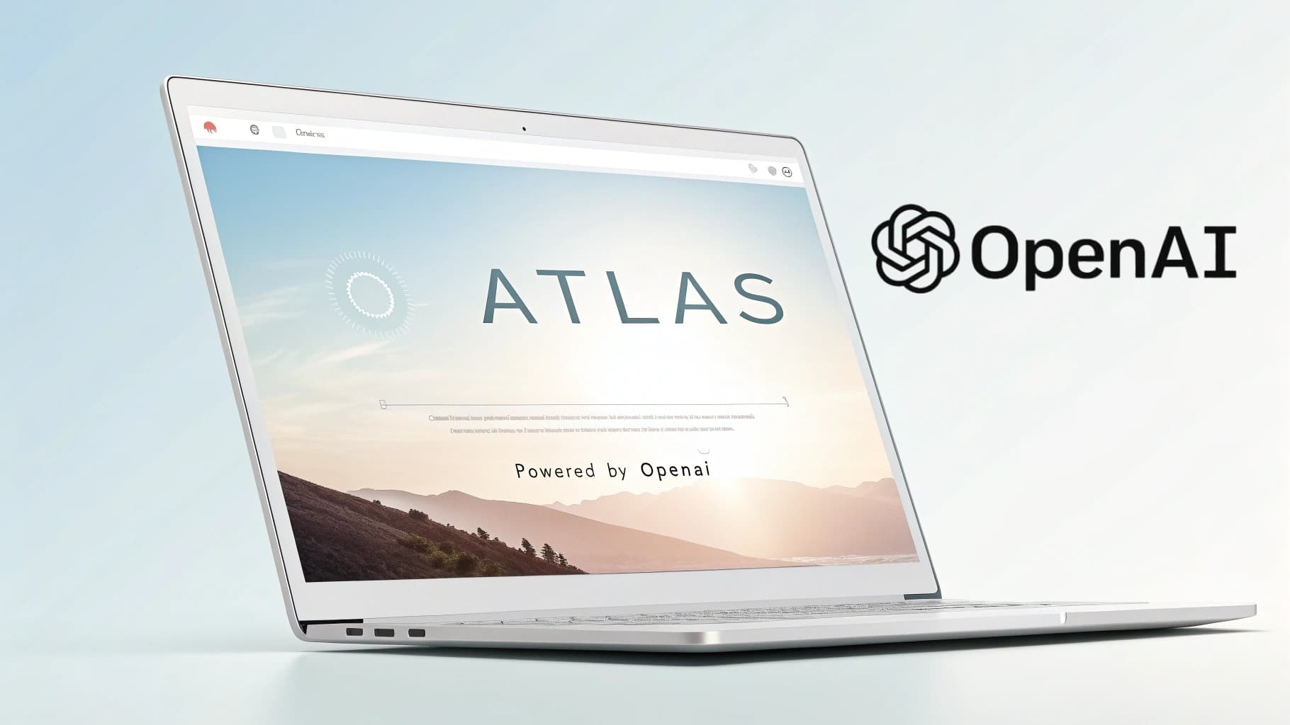 A modern white laptop displaying the new Atlas web browser by OpenAI. The browser's screen shows a mountain landscape and the word "ATLAS" in large, clean text.