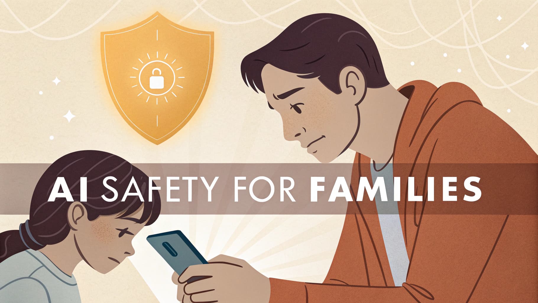 An illustration depicting AI parental controls, showing a concerned father looking over his daughter as she uses a smartphone, with a large shield icon symbolizing safety and protection.