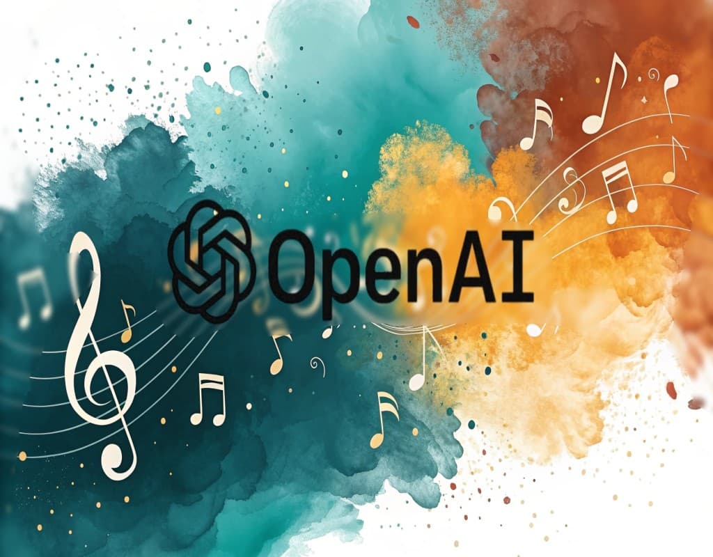 شعار OpenAI مع نوتات موسيقية على خلفية فنية ملونة، ترمز إلى أداة توليد الموسيقى بالذكاء الاصطناعي.