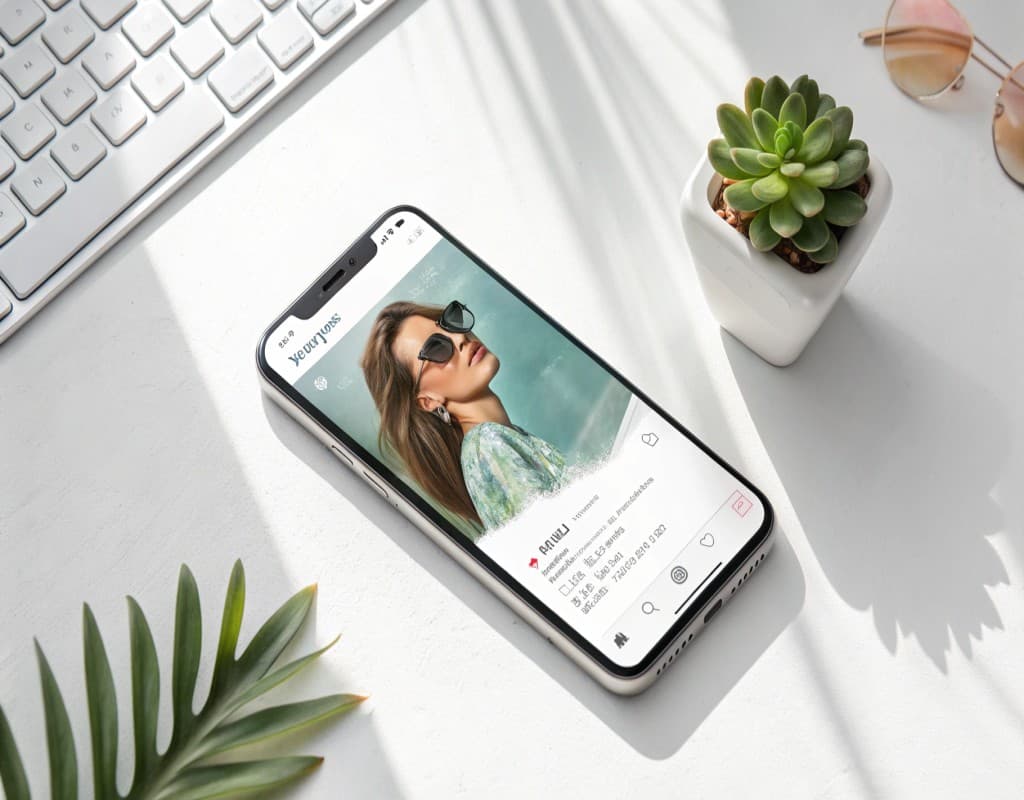 A smartphone on a clean white desk showcasing the new Instagram Stories interface with its AI-powered photo restyle and editing features.