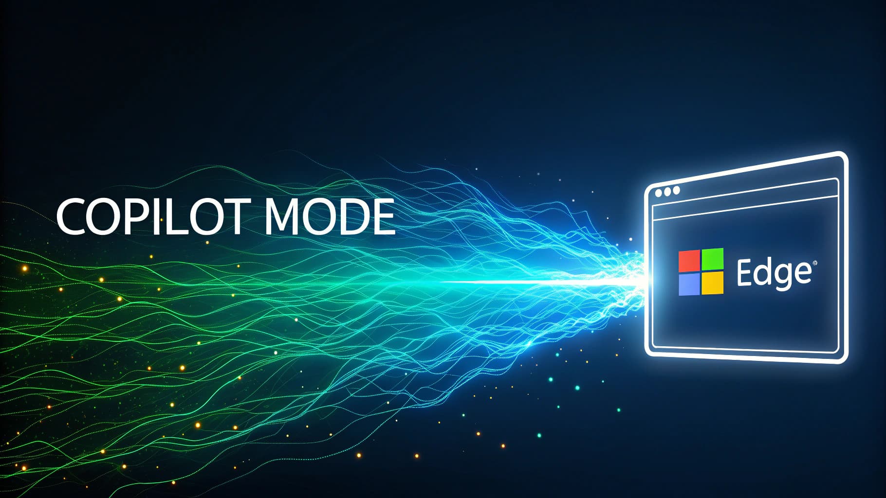 صورة توضيحية تعرض شعار متصفح مايكروسوفت إيدج مع كلمة Copilot Mode، وتربط بينهما خطوط طاقة رقمية متوهجة باللونين الأخضر والأزرق.